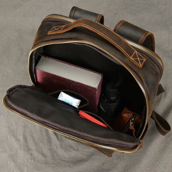 Vintage Travel Backpack leather double zipper bagpack male crazy horse leather backpack handmade leather travel bag men bag - Image 4