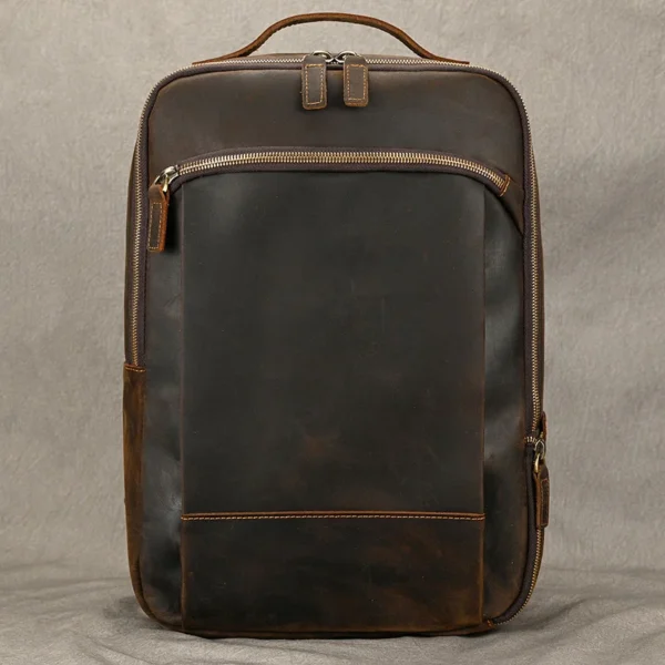 Vintage Travel Backpack leather double zipper bagpack male crazy horse leather backpack handmade leather travel bag men bag - Image 2