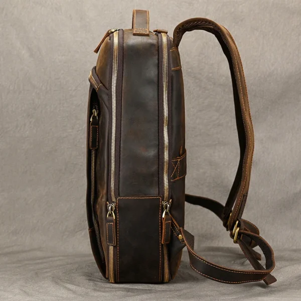 Vintage Travel Backpack leather double zipper bagpack male crazy horse leather backpack handmade leather travel bag men bag - Image 3