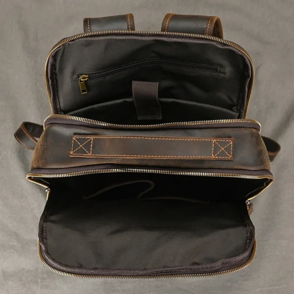 Vintage Travel Backpack leather double zipper bagpack male crazy horse leather backpack handmade leather travel bag men bag - Image 5