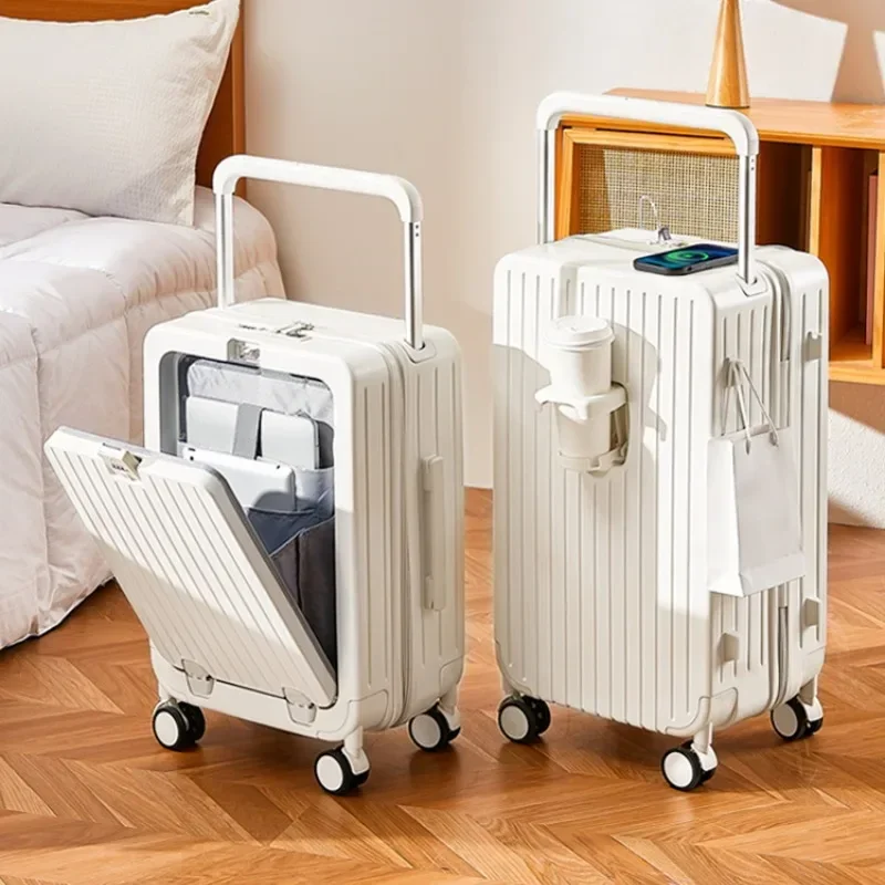 New 20″22″24″26 Inch Travel Suitcase Multifunctional Front Open Cover Trolley Case with Cup Holder Boarding Box Rolling Luggage